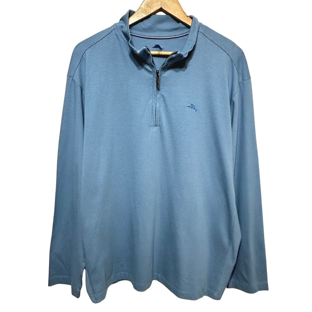 Tommy Bahama Mens XXL Blue Long Sleeve Quarter Zip Cotton Pullover Sweater